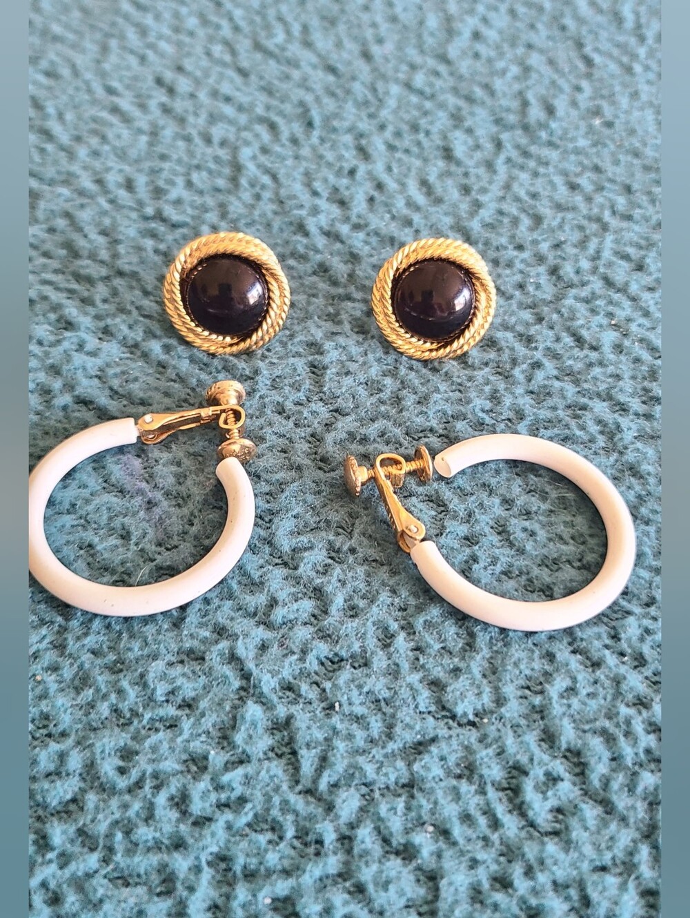 Napier Gold-Tone Black Cabochon & White Hoop Screw Back Earrings